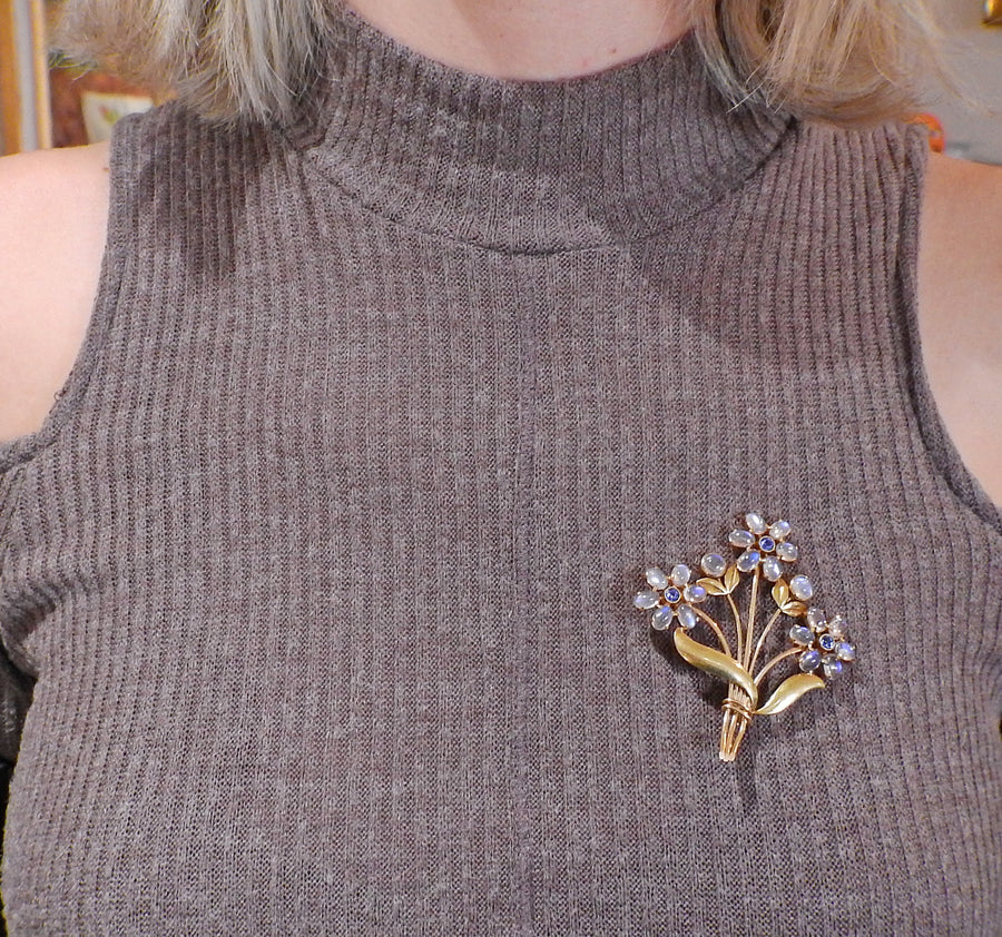Tiffany & Co Retro Moonstone Sapphire Gold Flower Brooch Pin
