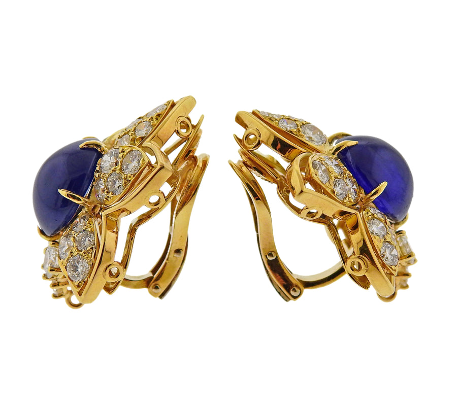 Sapphire Cabochon Diamond Gold Earrings