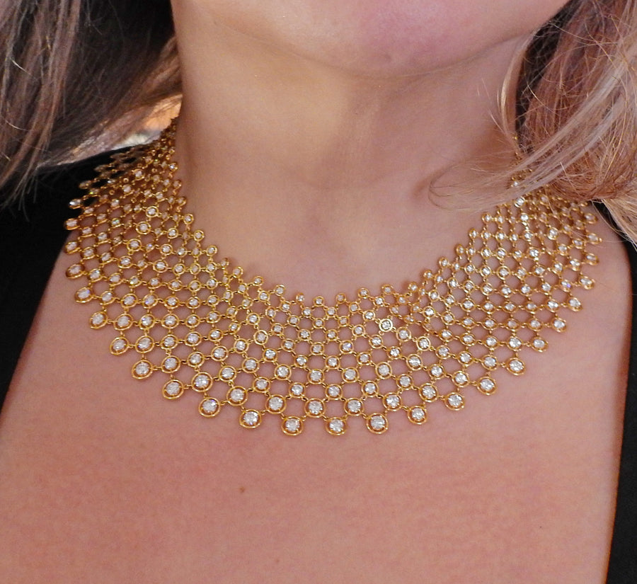 Gold and Diamond Mesh Bib Necklace