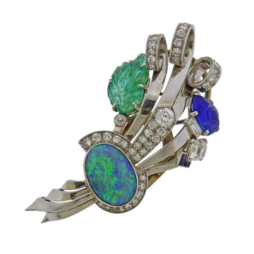 Retro Opal Carved Emerald Sapphire Diamond Platinum Brooch