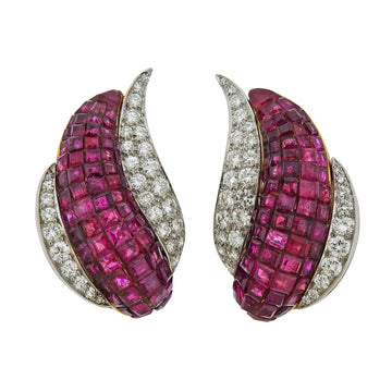 Invisible Set Ruby Diamond Gold Platinum Earrings