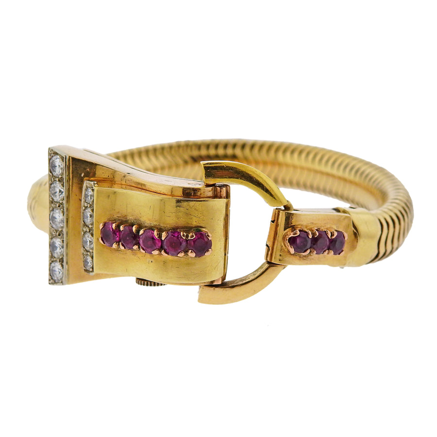 Retro 1940s Ruby Diamond Gold Watch Bracelet