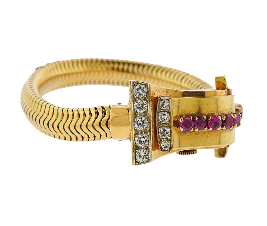Retro 1940s Ruby Diamond Gold Watch Bracelet