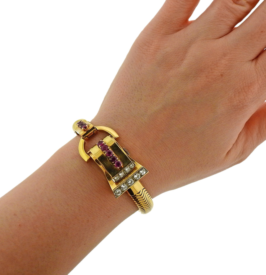 Retro 1940s Ruby Diamond Gold Watch Bracelet