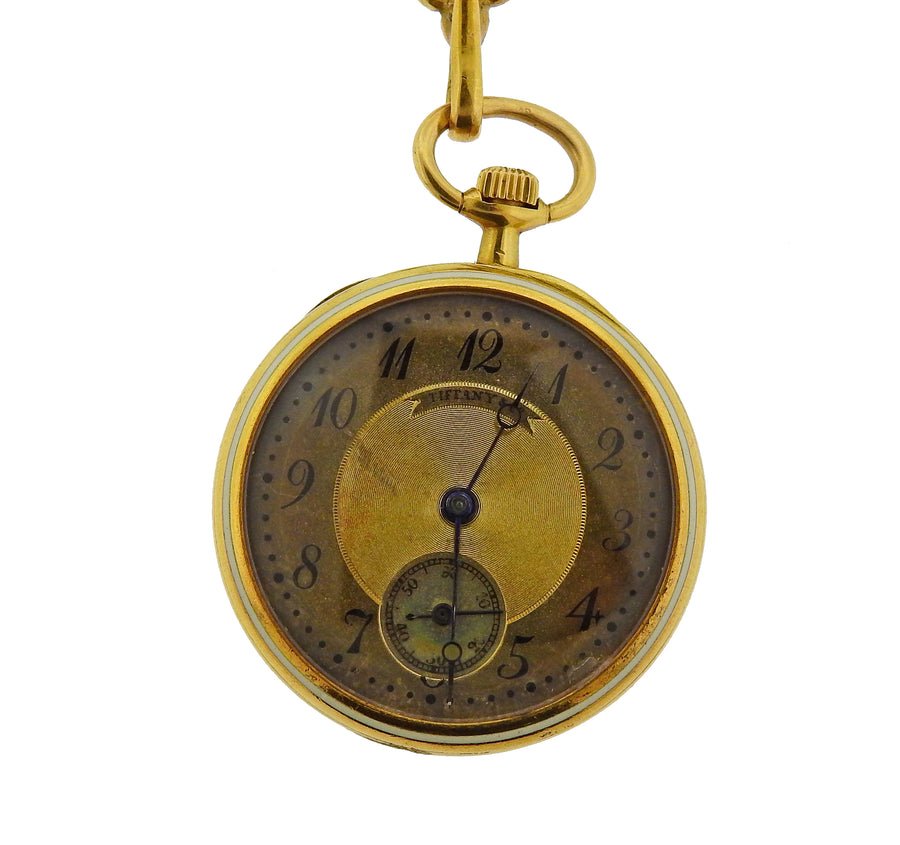 Tiffany & Co Antique Guilloche Enamel Diamond Gold Lapel Watch