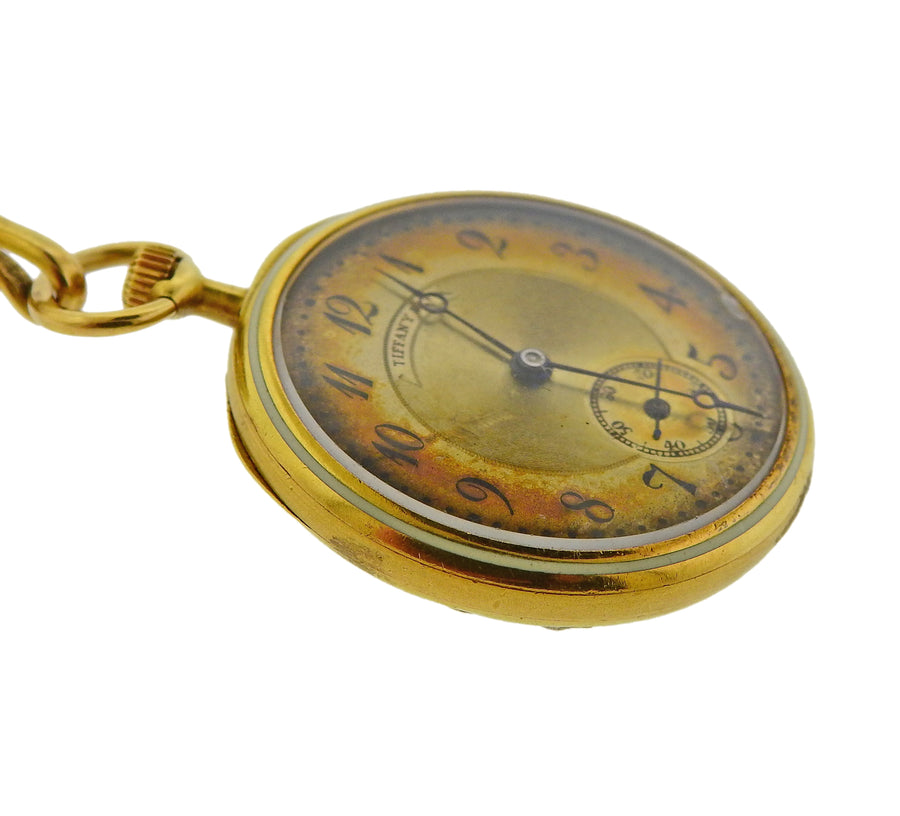 Tiffany & Co Antique Guilloche Enamel Diamond Gold Lapel Watch
