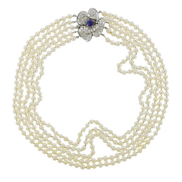 Diamond Sapphire Pearl Gold Multi Strand Necklace