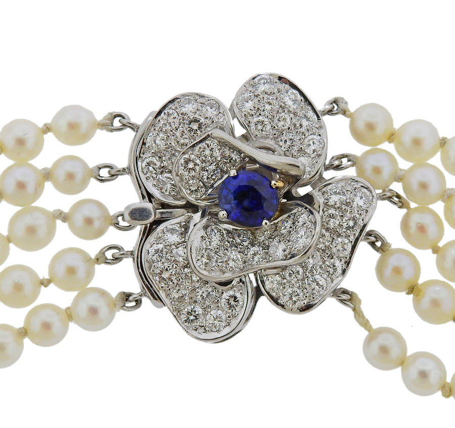 Diamond Sapphire Pearl Gold Multi Strand Necklace