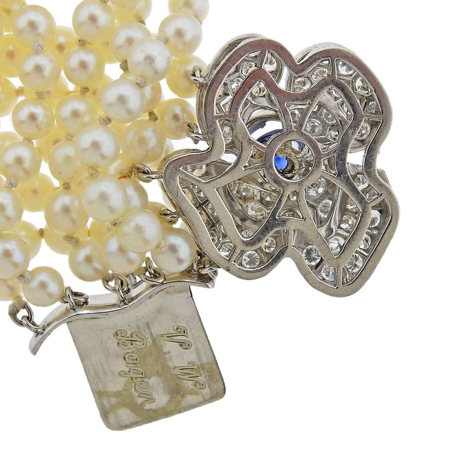 Diamond Sapphire Pearl Gold Multi Strand Necklace