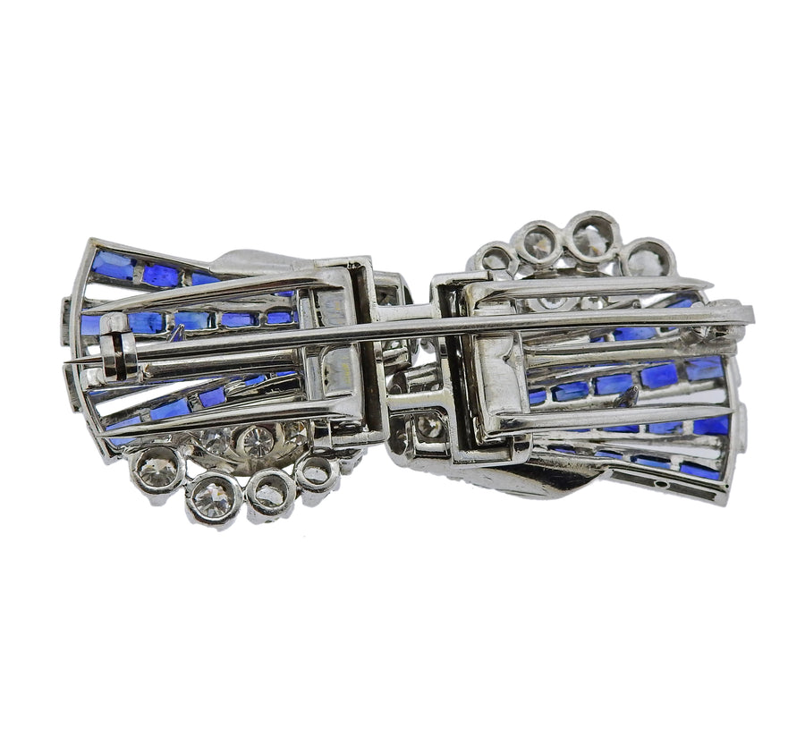 Art Deco 1920s Platinum Diamond Sapphire Brooch Clip Set