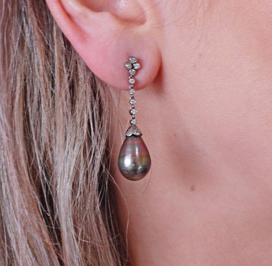Tahitian Pearl Diamond Gold Drop Earrings