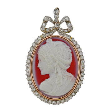 Antique Carnelian Diamond Cameo Gold Pendant