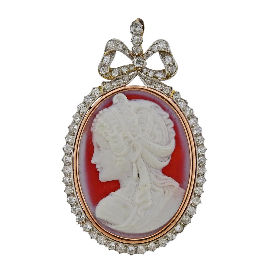 Antique Carnelian Diamond Cameo Gold Pendant