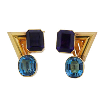 Modernist Topaz Amethyst Gold Earrings