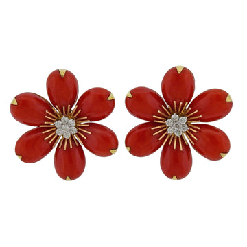 Gold Coral Diamond Flower Earrings