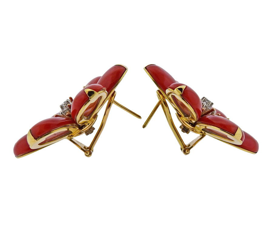 Gold Coral Diamond Flower Earrings