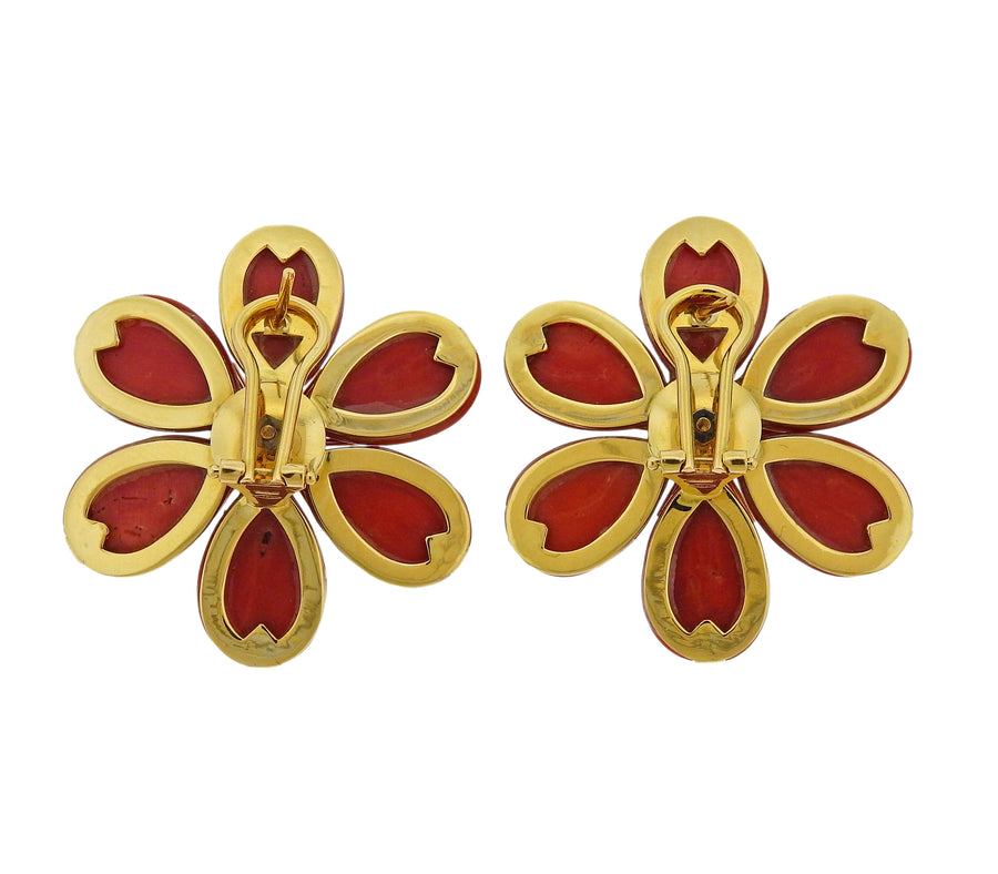 Gold Coral Diamond Flower Earrings