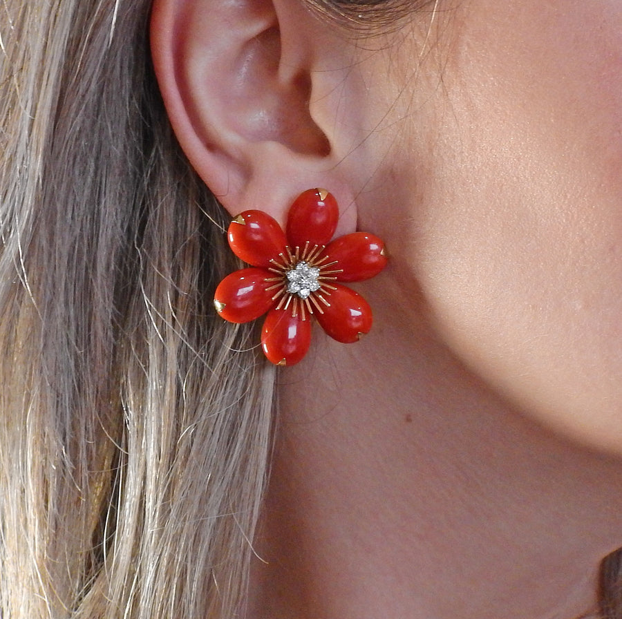 Gold Coral Diamond Flower Earrings