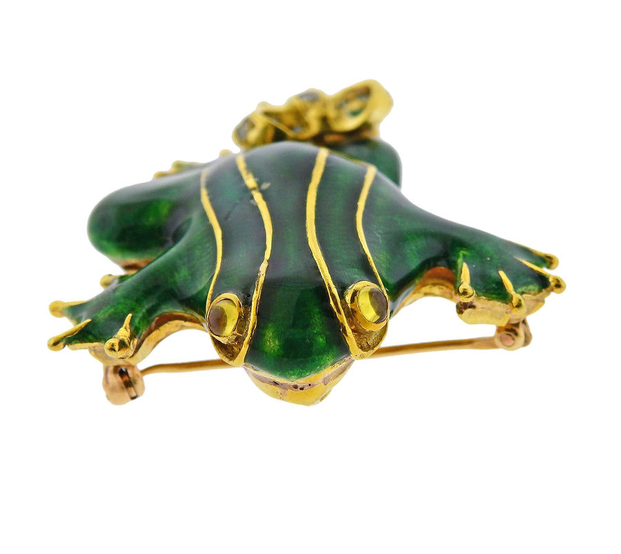 Enamel Fancy Diamond Gold Frog Brooch Pin