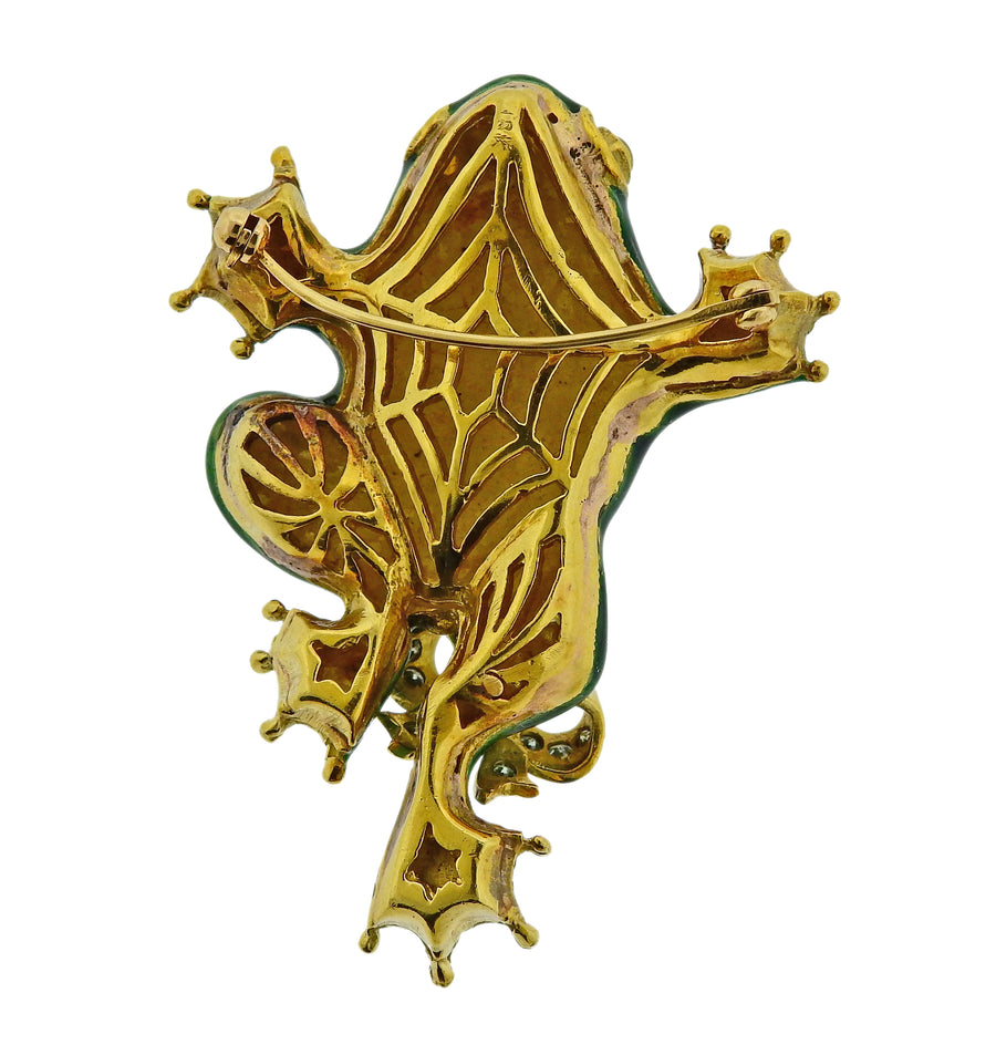 Enamel Fancy Diamond Gold Frog Brooch Pin