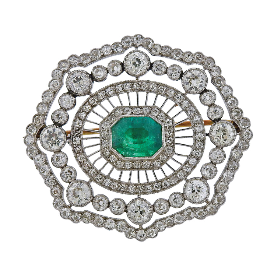 Emerald Diamond Platinum Gold Brooch Pin