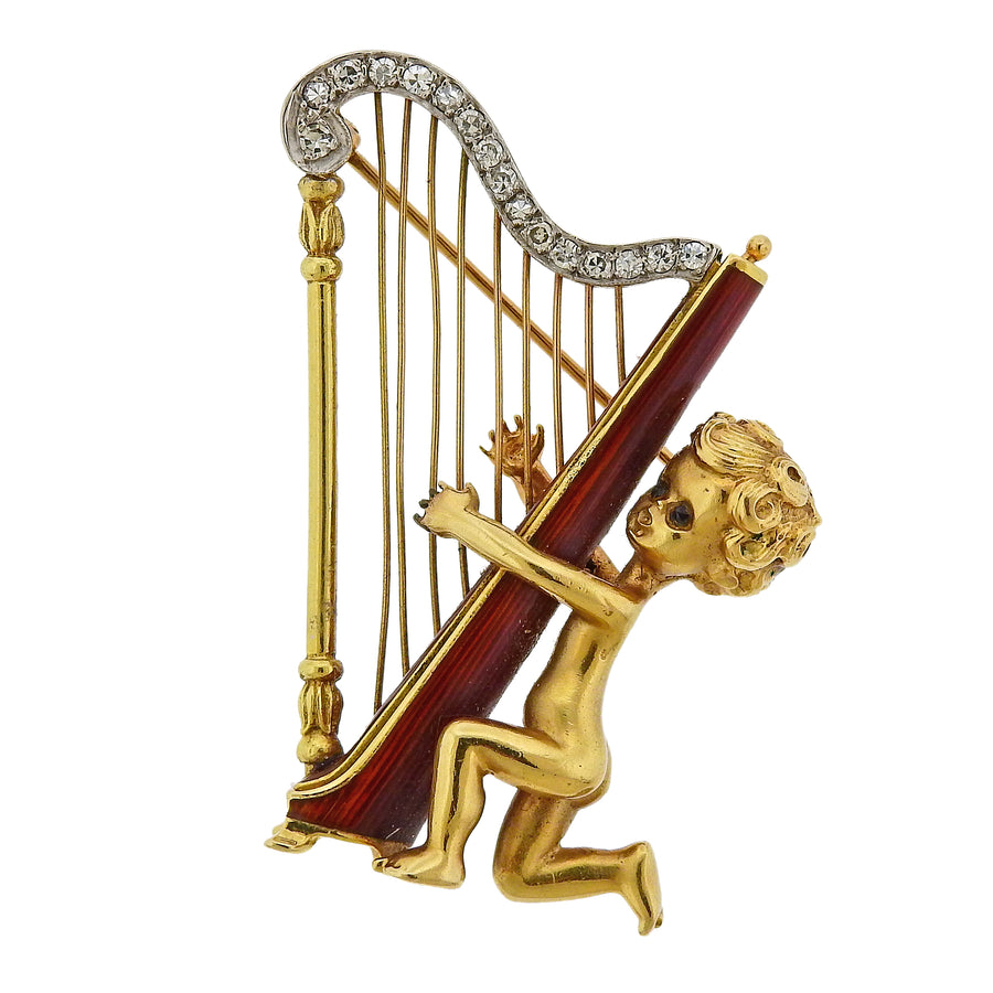 Ruser Retro Diamond Cherub Harp Brooch