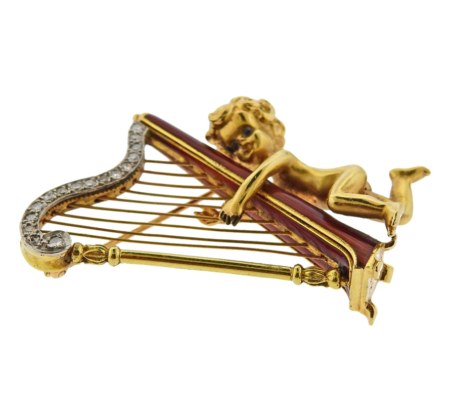 Ruser Retro Diamond Cherub Harp Brooch