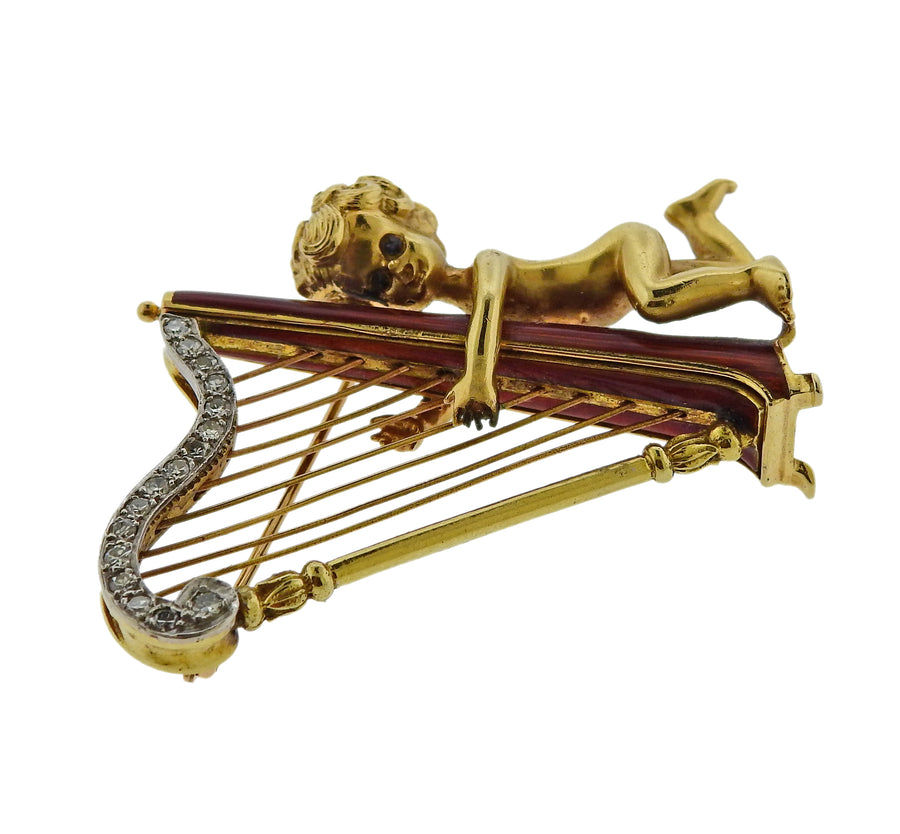 Ruser Retro Diamond Cherub Harp Brooch