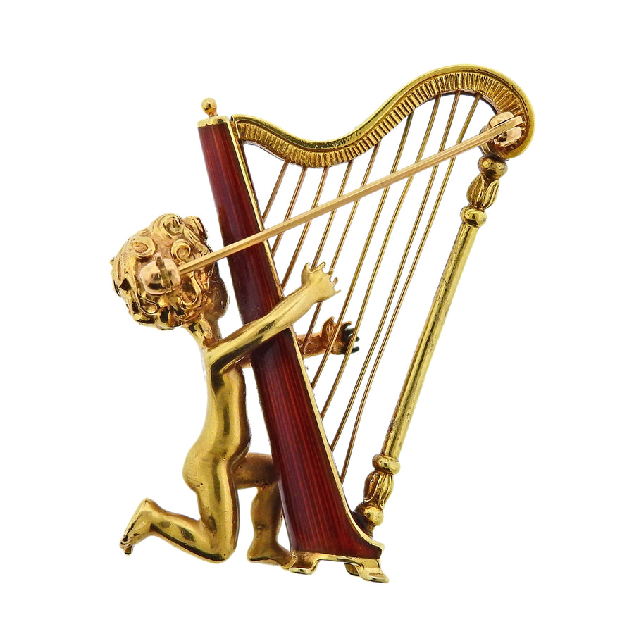Ruser Retro Diamond Cherub Harp Brooch
