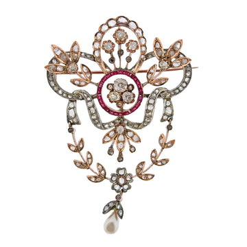 Antique Rose Cut Diamond Ruby Pearl Brooch Pendant