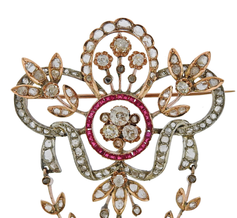 Antique Rose Cut Diamond Ruby Pearl Brooch Pendant