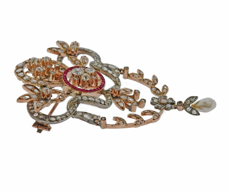 Antique Rose Cut Diamond Ruby Pearl Brooch Pendant