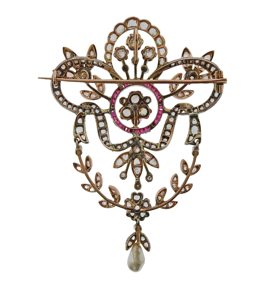 Antique Rose Cut Diamond Ruby Pearl Brooch Pendant