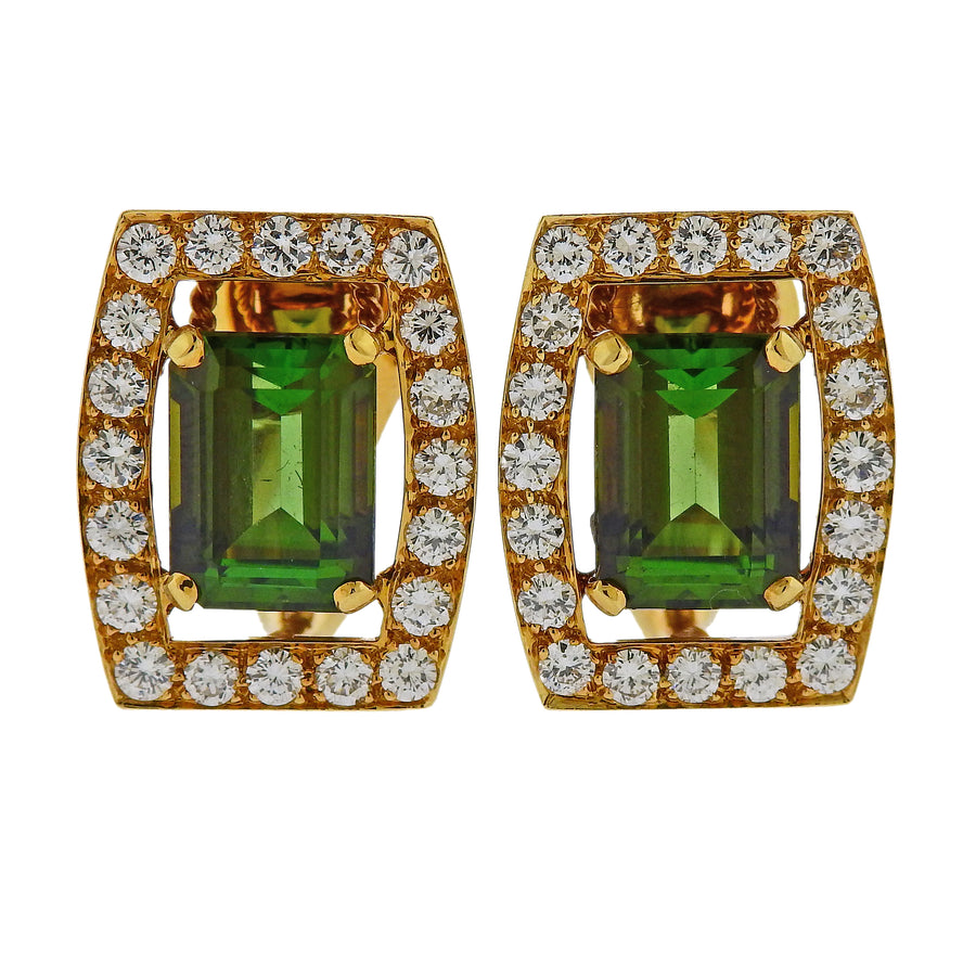 David Webb Green Tourmaline Diamond Gold Earrings
