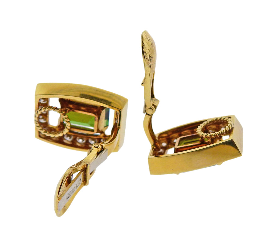 David Webb Green Tourmaline Diamond Gold Earrings