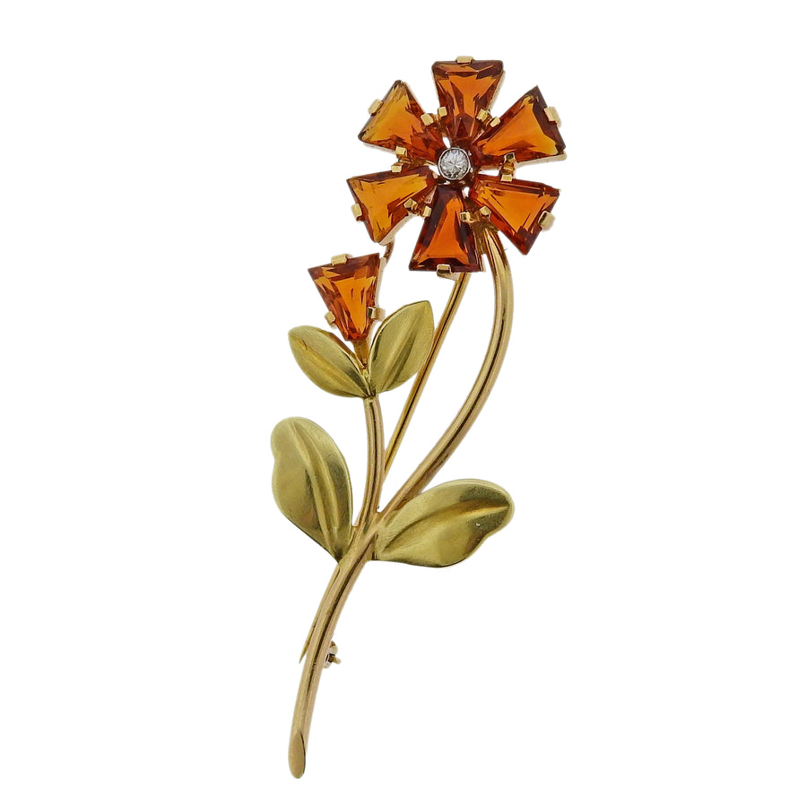 Cartier Retro Citrine Diamond Gold Flower Brooch Pin
