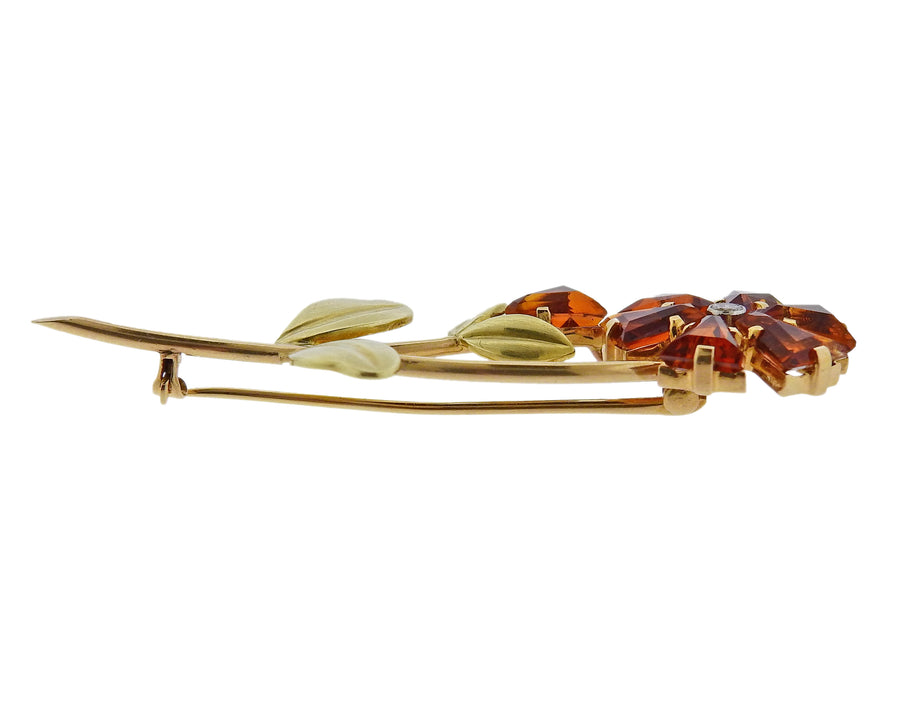 Cartier Retro Citrine Diamond Gold Flower Brooch Pin