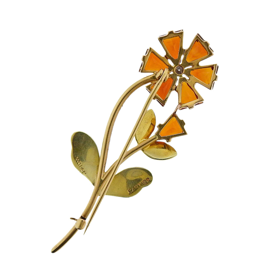 Cartier Retro Citrine Diamond Gold Flower Brooch Pin