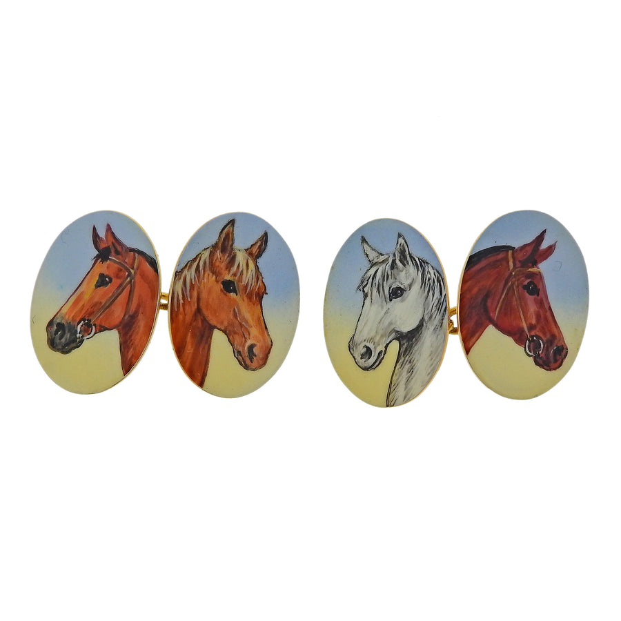 English Enamel Horse Equestrian Gold Cufflinks