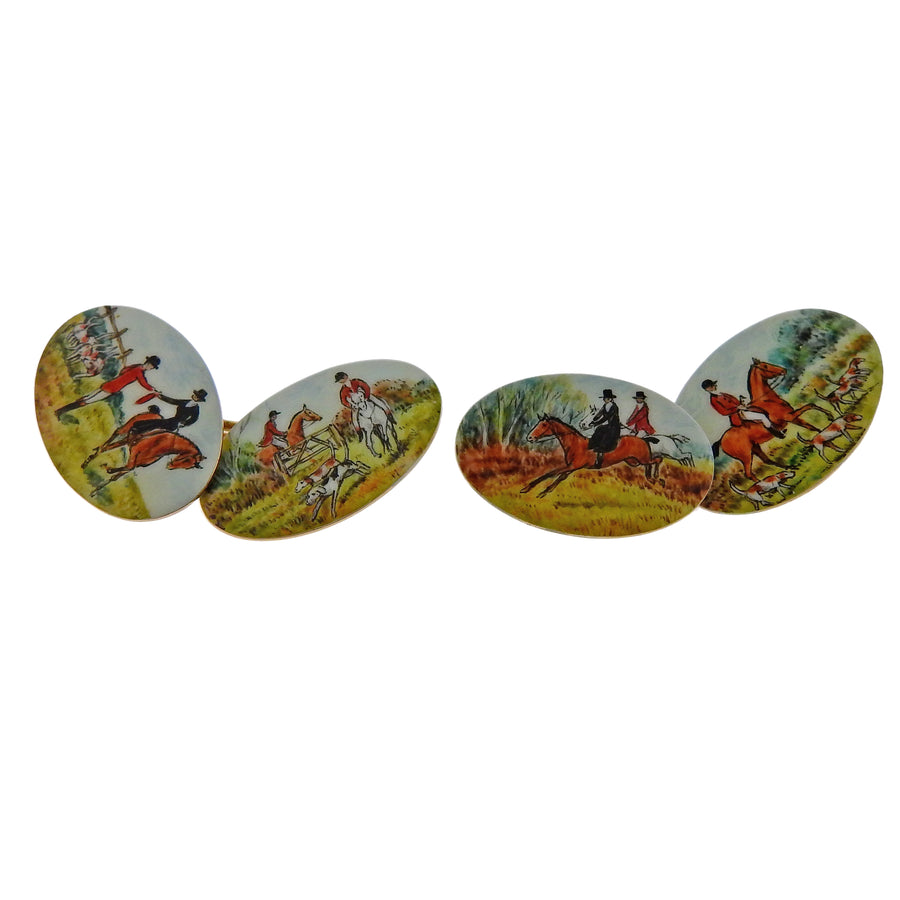 English Enamel Gold Equestrian Cufflinks