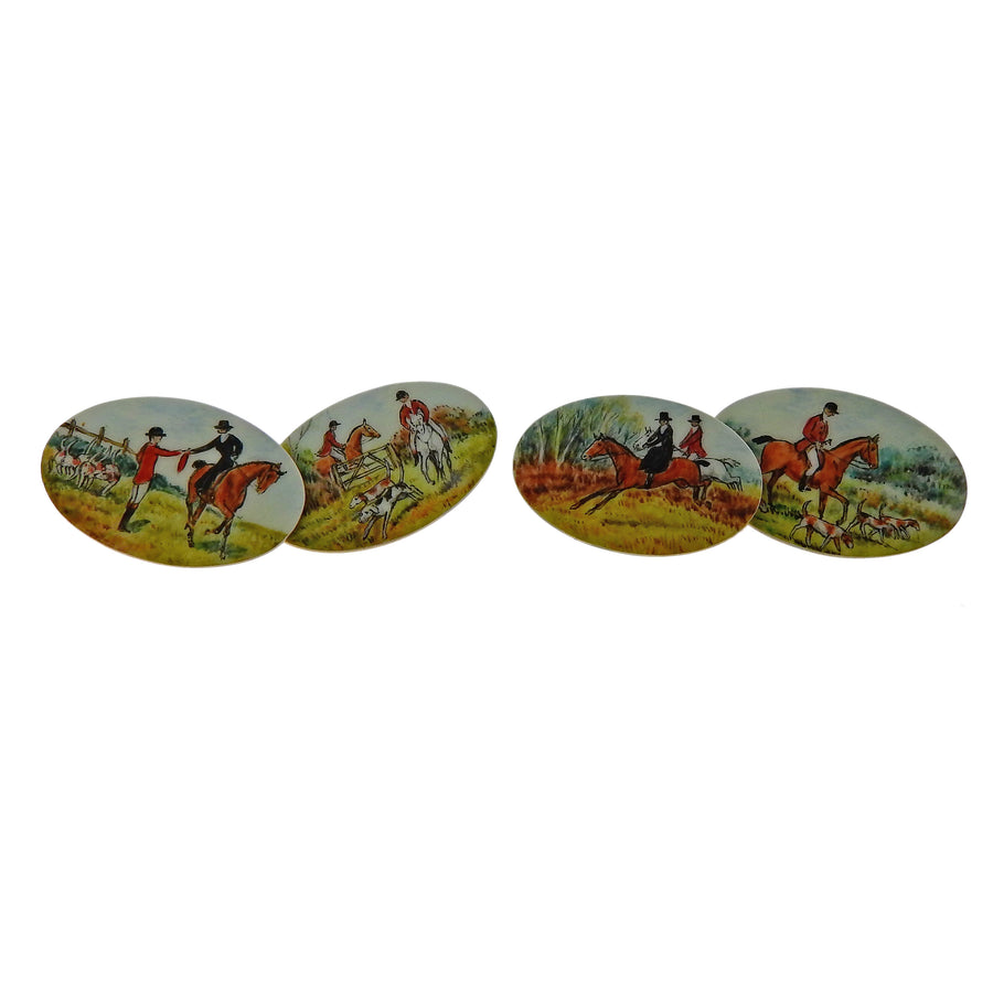 English Enamel Gold Equestrian Cufflinks