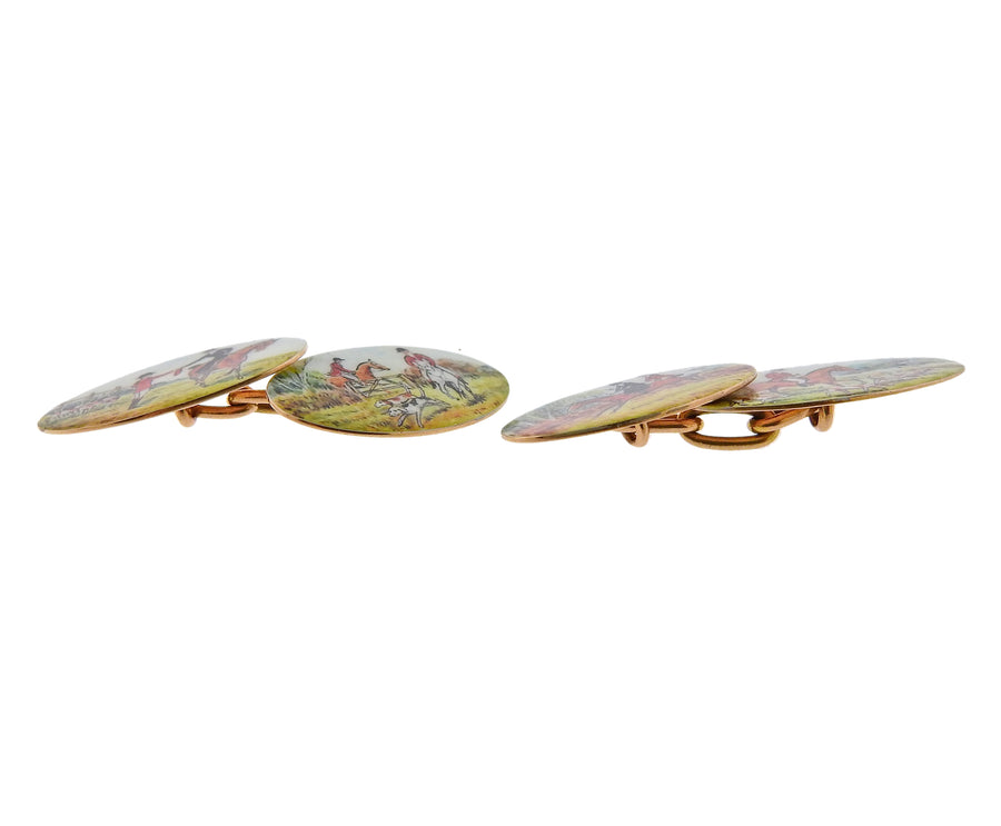 English Enamel Gold Equestrian Cufflinks