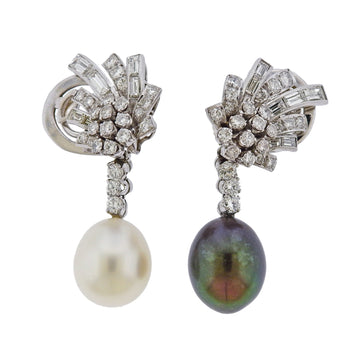 South Sea Pearl Diamond Platinum Night & Day Earrings