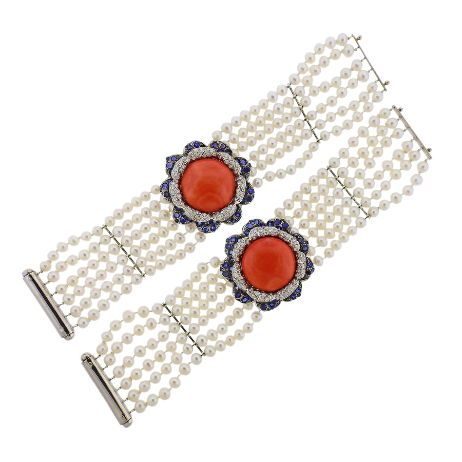 Coral Diamond Sapphire Pearl Gold Bracelet Set