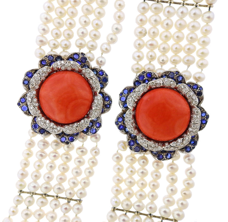 Coral Diamond Sapphire Pearl Gold Bracelet Set