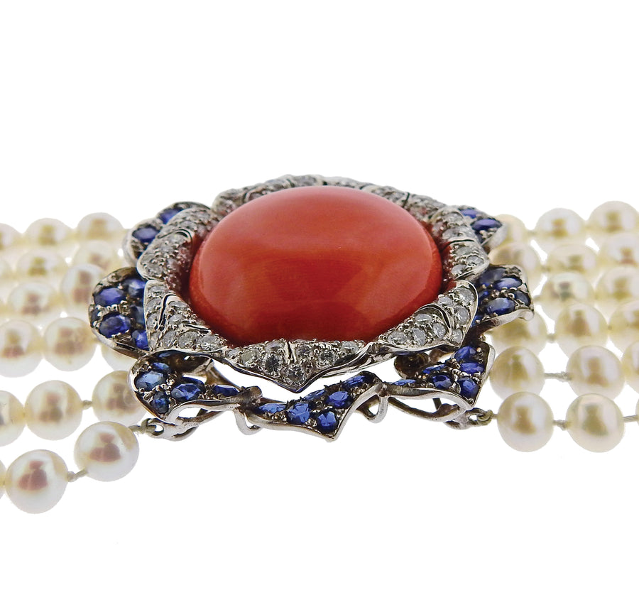 Coral Diamond Sapphire Pearl Gold Bracelet Set
