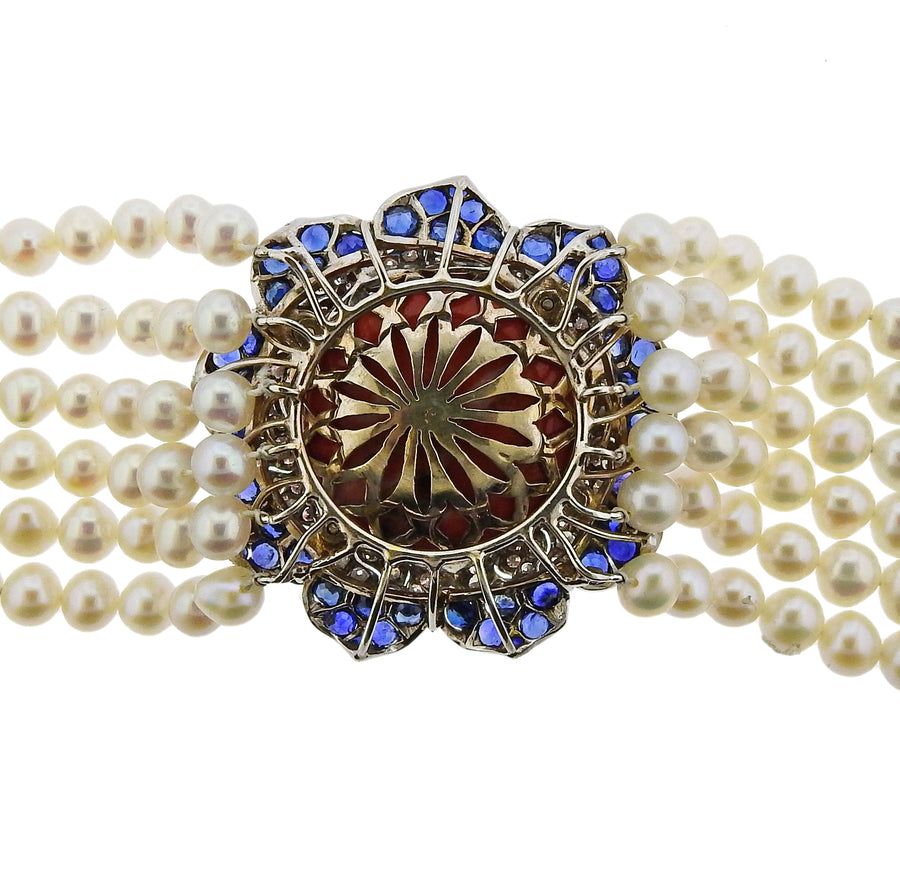Coral Diamond Sapphire Pearl Gold Bracelet Set