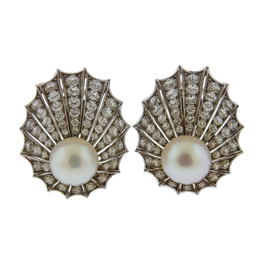 Diamond Pearl Gold Shell Motif Earrings
