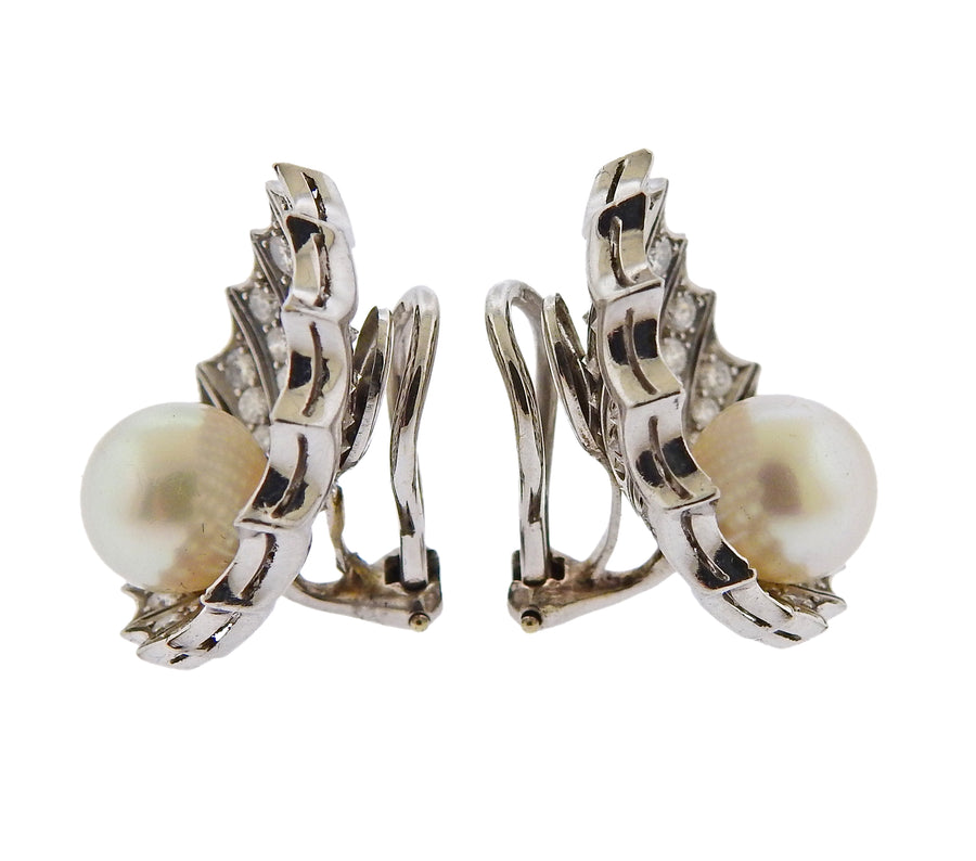 Diamond Pearl Gold Shell Motif Earrings