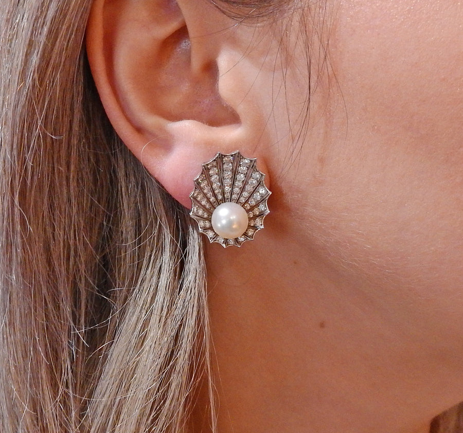 Diamond Pearl Gold Shell Motif Earrings
